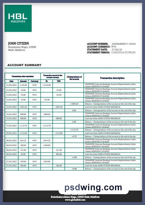 Maldives HBL Bank Statement (Word)